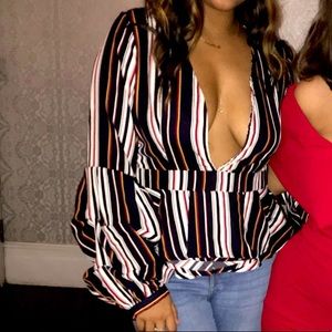 Plunge Striped Blouse